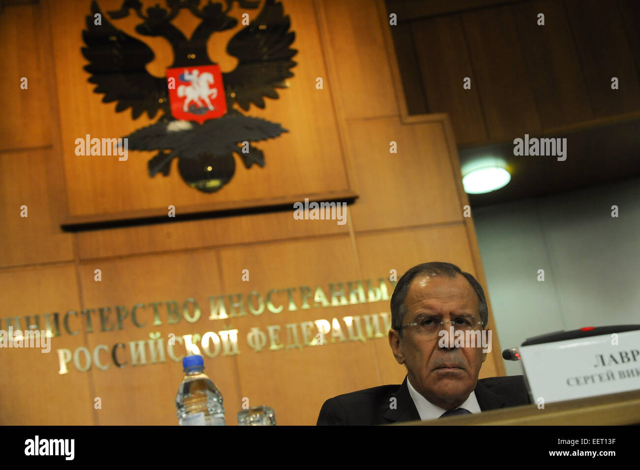 Mosca, Russia. Xxi gen, 2015. Ministro degli affari esteri russo Sergei Lavrov assiste ad una conferenza stampa a Mosca, Russia, Gennaio 21, 2015. © Dai Tianfang/Xinhua/Alamy Live News Foto Stock