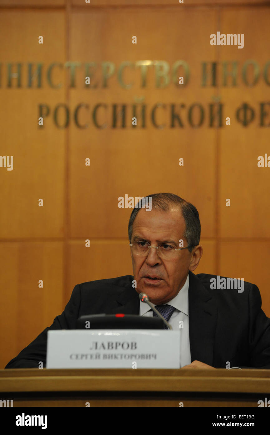 Mosca, Russia. Xxi gen, 2015. Ministro degli affari esteri russo Sergei Lavrov parla durante una conferenza stampa a Mosca, Russia, Gennaio 21, 2015. © Dai Tianfang/Xinhua/Alamy Live News Foto Stock