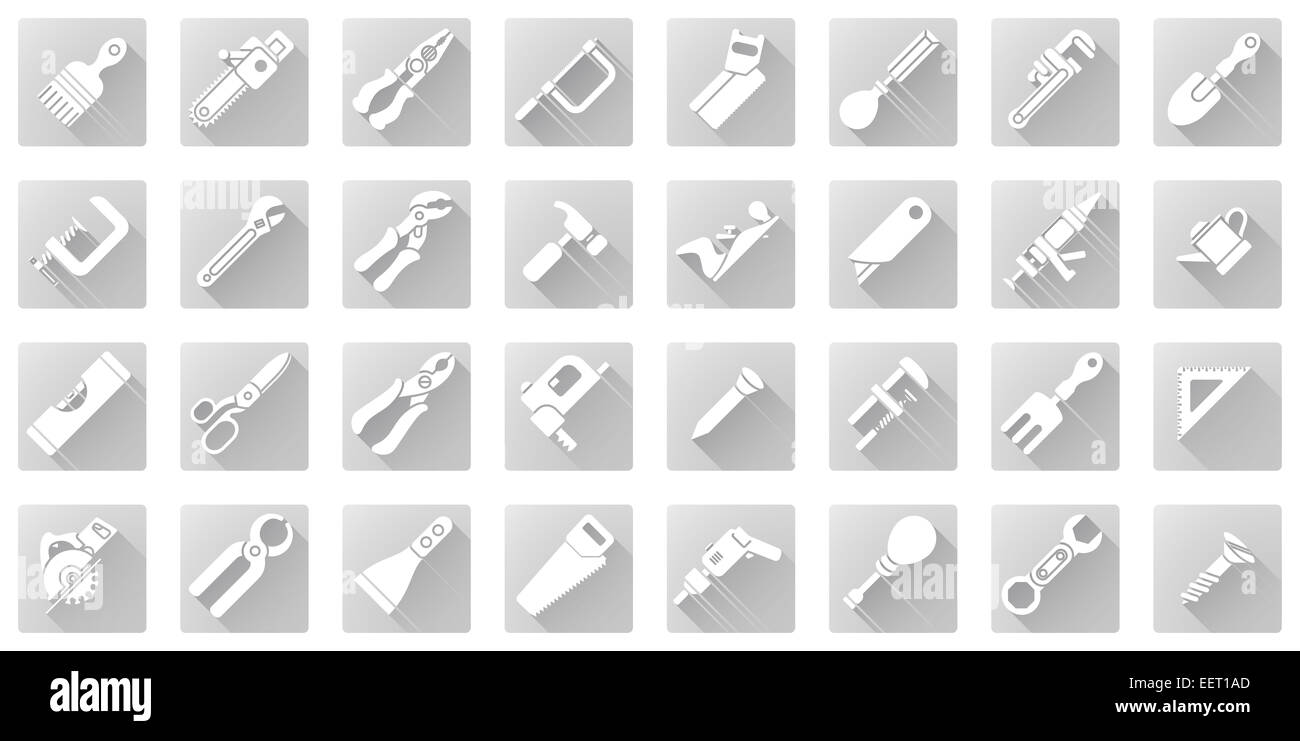 Un attrezzo icon set con un sacco di costruzione o gli strumenti per il fai da te incluso il livello, sega e molti altri in un piatto shadow style Foto Stock