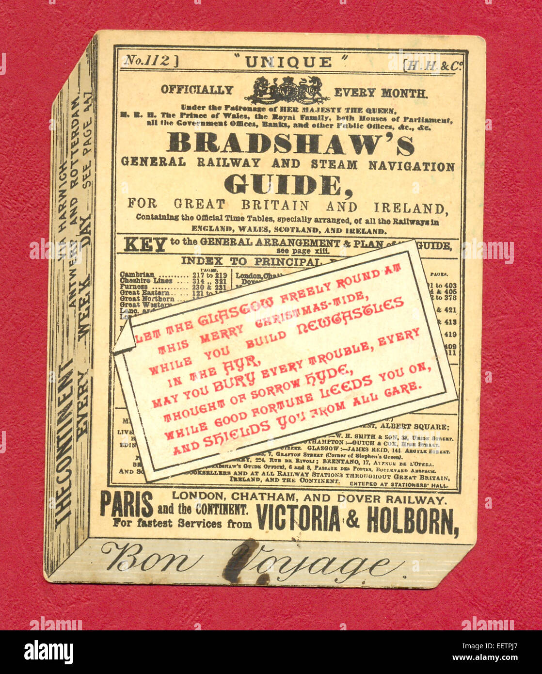 Victorian biglietto di auguri come Bradshaw generale della ferrovia a vapore e la guida di navigazione per la Gran Bretagna e l'Irlanda circa 1885 Foto Stock