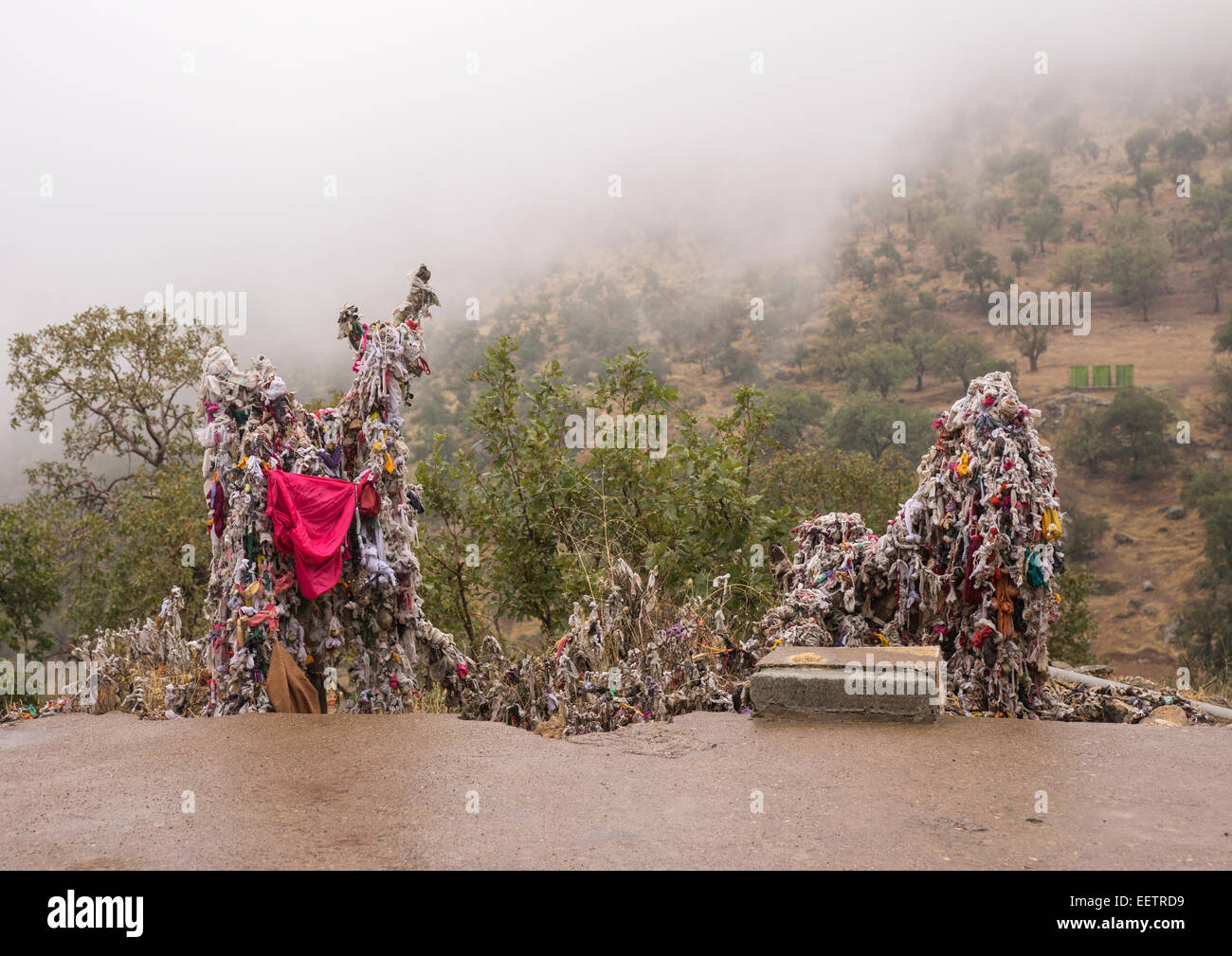 Pezzi di materiale attaccato ai rami da Yezedis su un albero di fertilità, Lalesh tempio, Kurdistan, Iraq Foto Stock