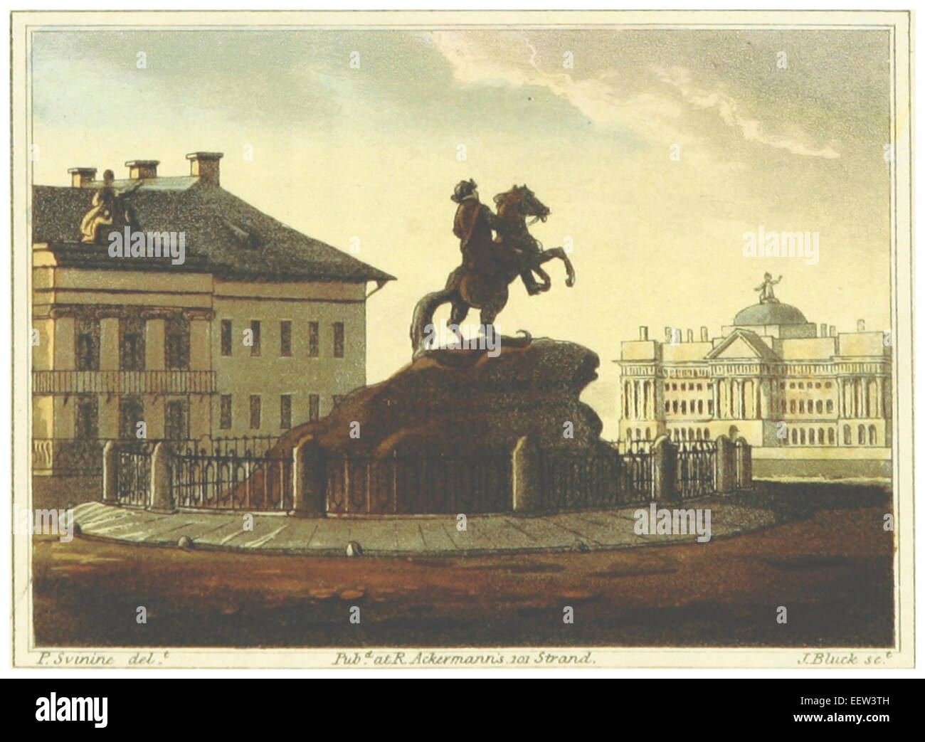 Questa illustrazione del 1814 di Svinyin raffigura il Monumento a Pietro il grande, situato a San Pietroburgo, Russia. Il disegno mostra il design del monumento e il suo significato nella storia russa. Foto Stock