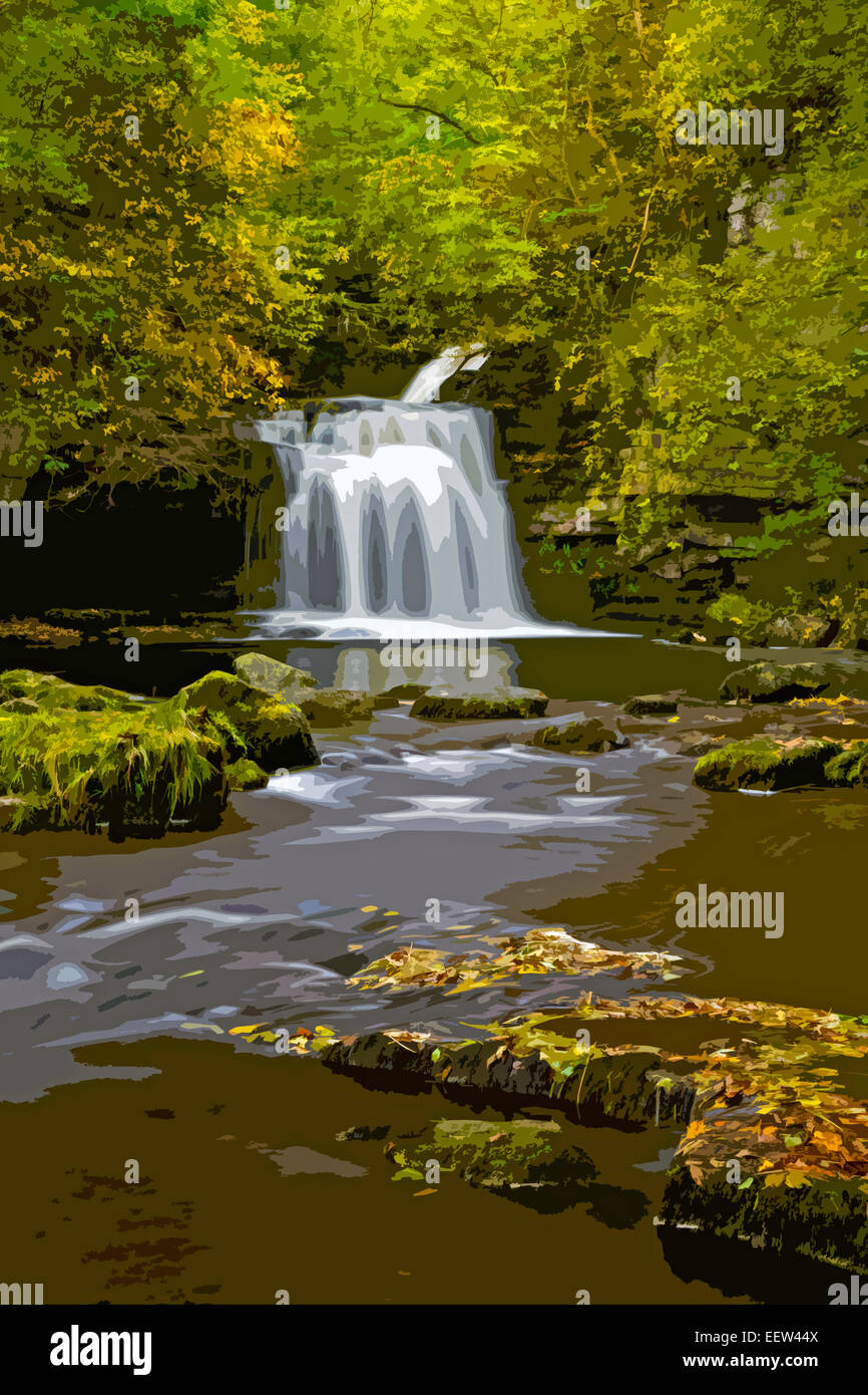 Un poster in stile interpretazione della cascata di West Burton, Yorkshire Dales National Park, North Yorkshire, Inghilterra, Regno Unito Foto Stock