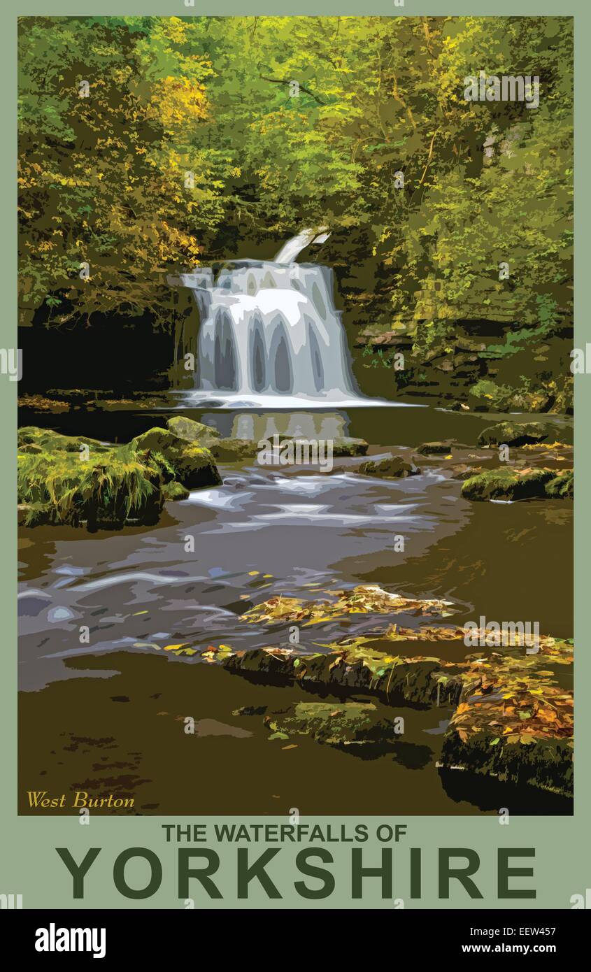 Un poster in stile interpretazione della cascata di West Burton, Yorkshire Dales National Park, North Yorkshire, Inghilterra, Regno Unito Foto Stock