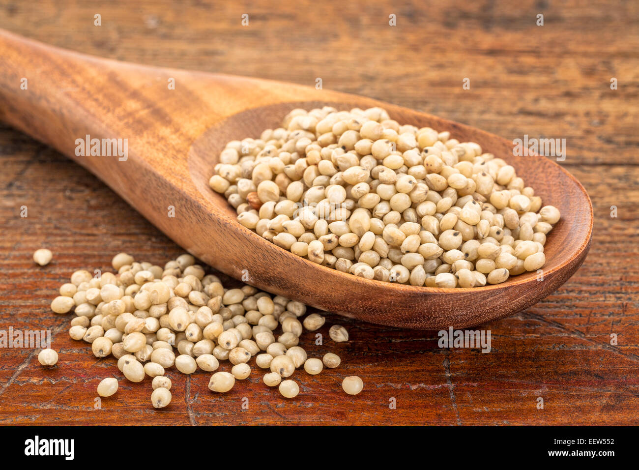 Una ciotola di Sorgo germogliato e farina di Sorgo su una tavola di legno  scuro Foto stock - Alamy