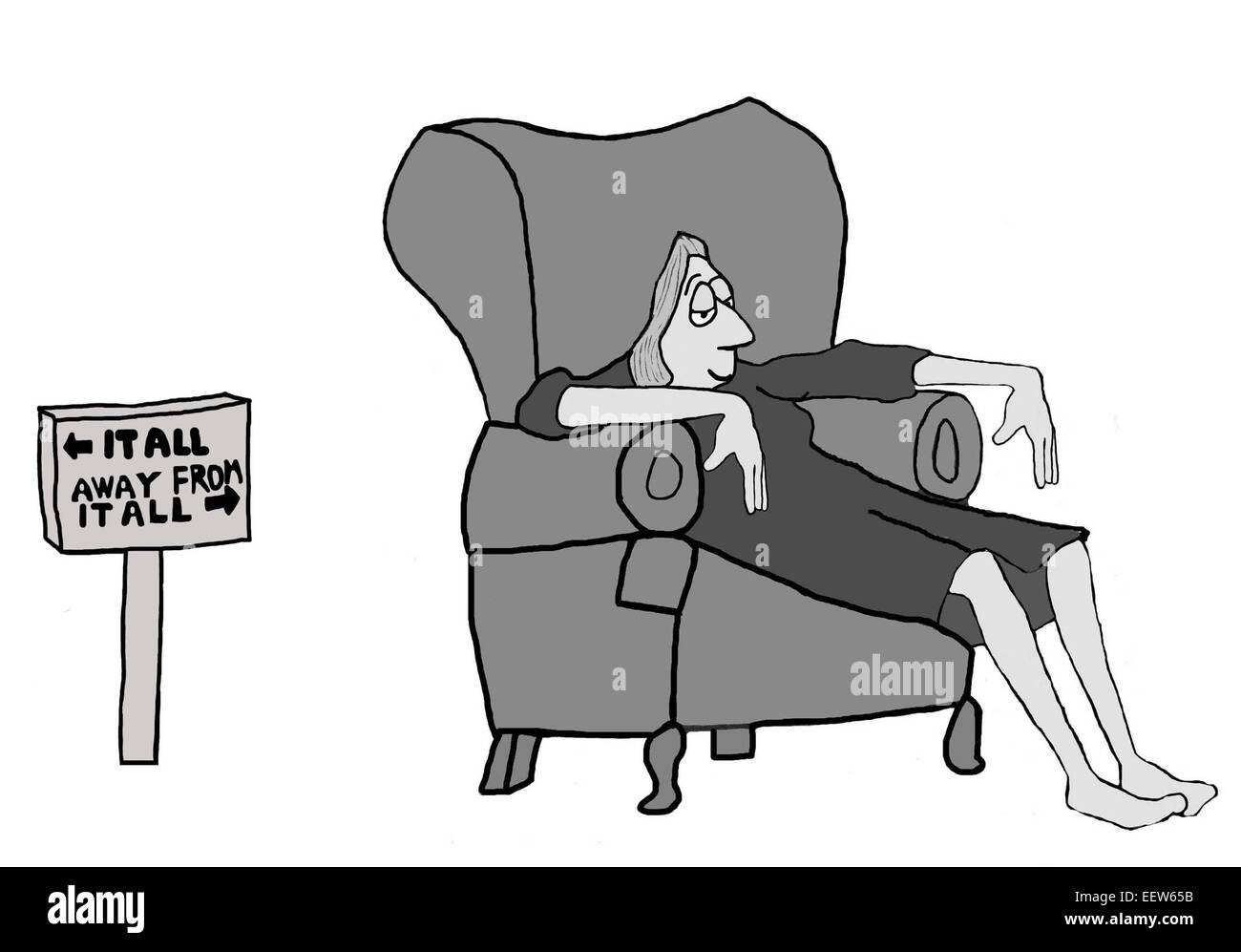 Cartoon di imprenditrice rilassante e cartello che dice che ottenere "tutto" e ottenere 'lontano da tutto'. Foto Stock