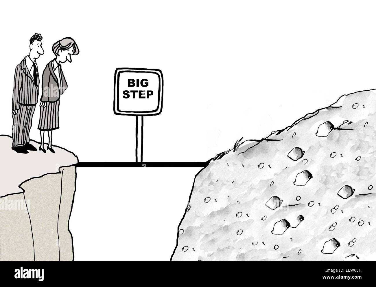 Cartoon di due persone di affari sulla scogliera edge e cartello che dice "grande passo'. Foto Stock
