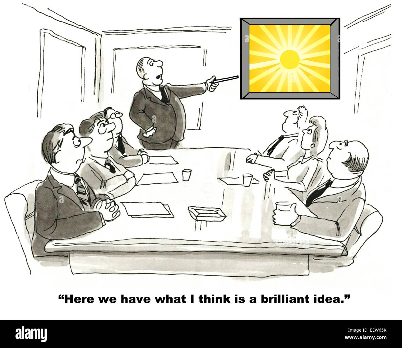 Cartoon di imprenditore che puntano a una metafora di una brillante idea. Foto Stock