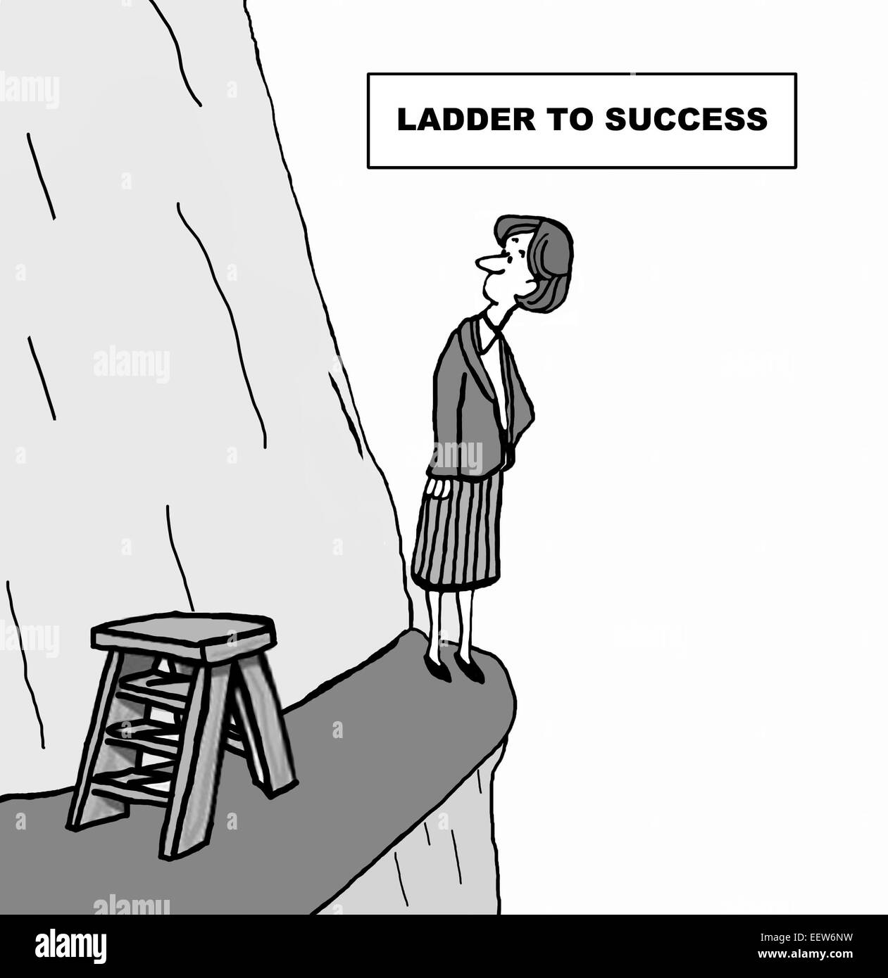 Cartone animato che mostra una imprenditrice su una scogliera cercando con il segno "scala del successo". Foto Stock