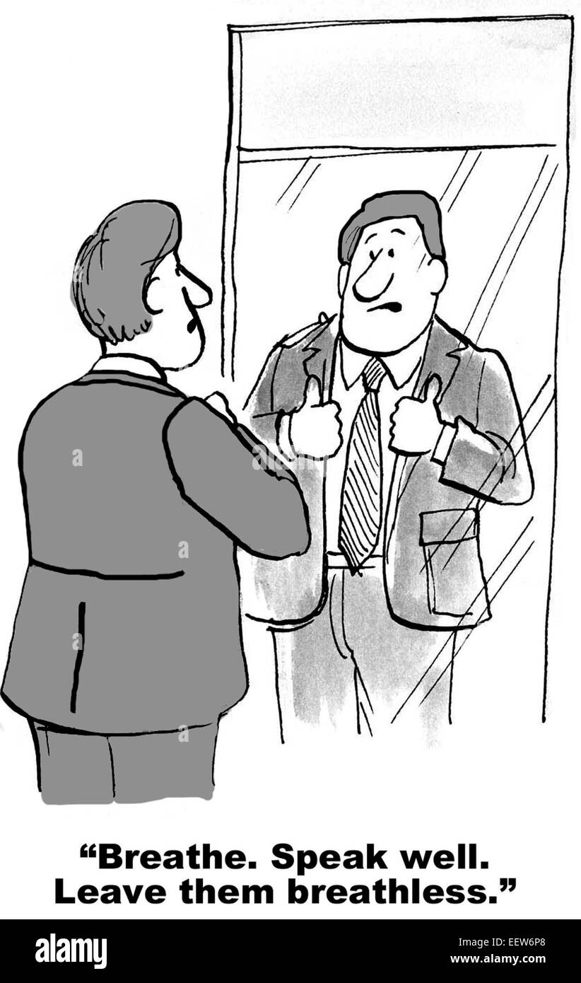 Cartoon di imprenditore circa per dare velocità keynote -- respirare, parlare bene, li lasciano senza fiato. Foto Stock