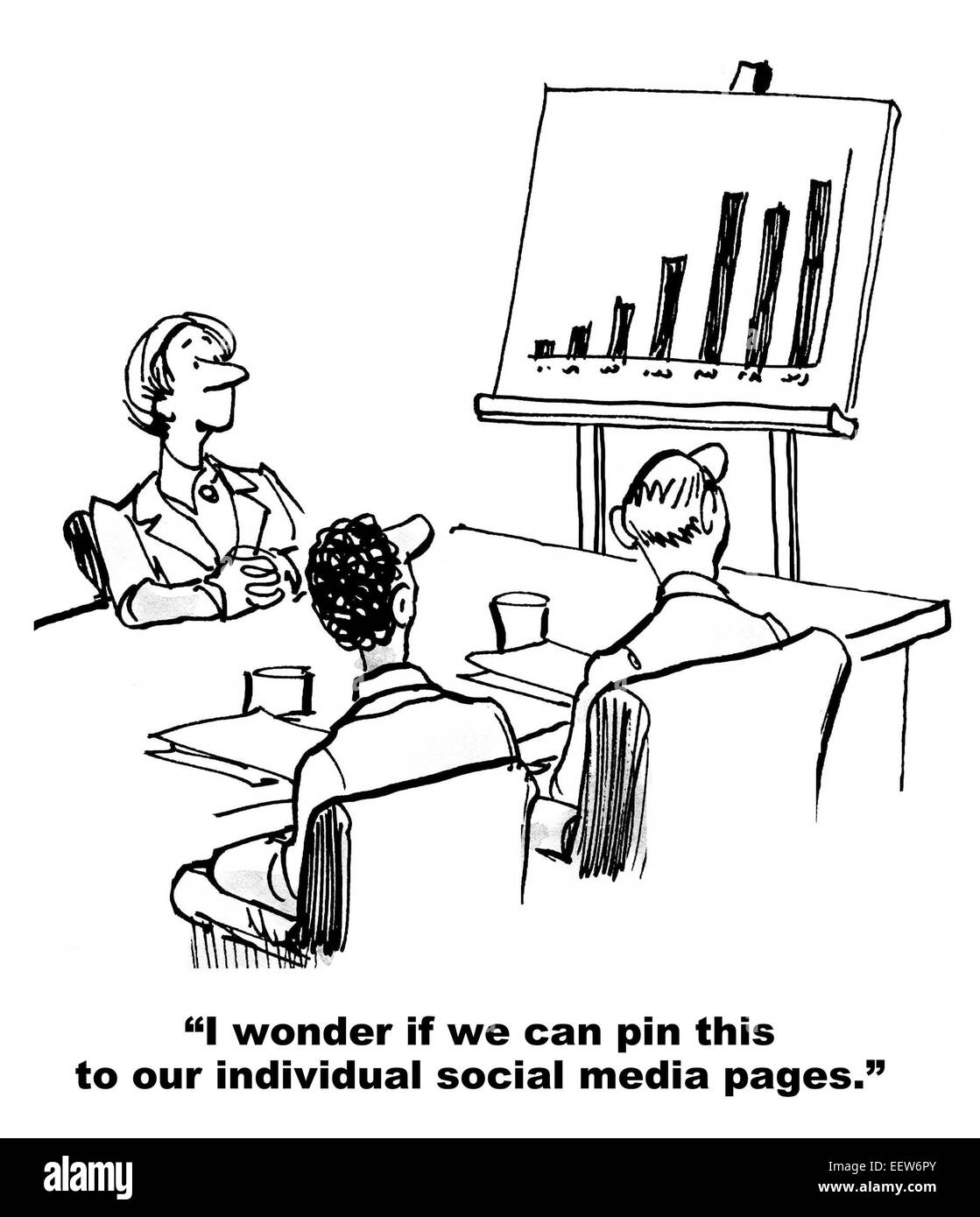 Cartoon di imprenditori in cerca di un successo di vendite grafico e chiedendo se possono pin it ai propri social media pagine. Foto Stock