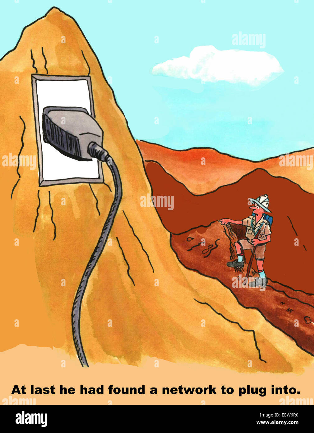 Cartoon di un uomo in montagna che ha finalmente trovato una rete che egli è in grado di collegare il suo computer a. Foto Stock