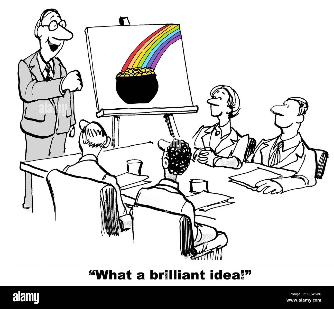Cartoon di un team aziendale guardando il capo che è esclamando che ci hanno consigliato un brillante, soldi fare l'idea. Foto Stock