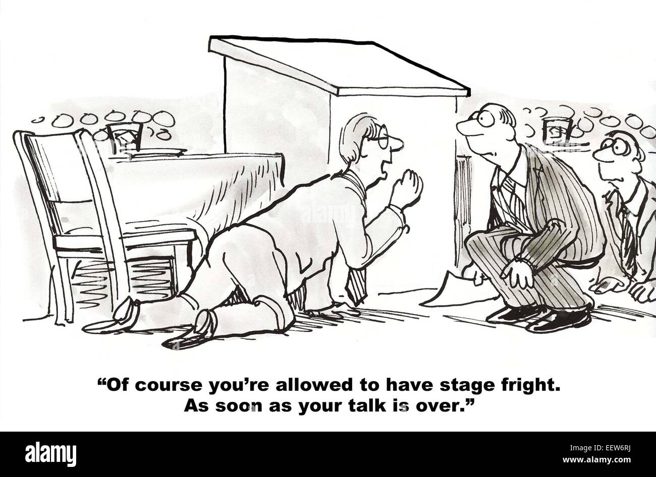 Cartoon di un imprenditore accovacciato dietro un podio con stage fright. Foto Stock