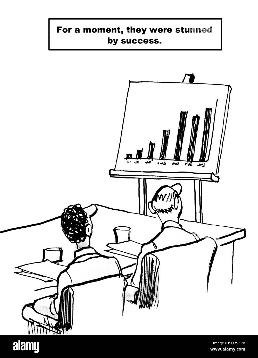 Cartoon di imprenditori in cerca di un successo i risultati finanziari grafico, per un momento ci sono stati storditi dal successo. Foto Stock