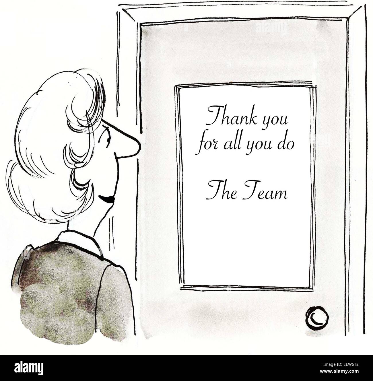 Cartoon di imprenditrice guardando lei porta dell ufficio e segno su di esso che gli stati 'Grazie per aver scelto di fare il team'. Foto Stock