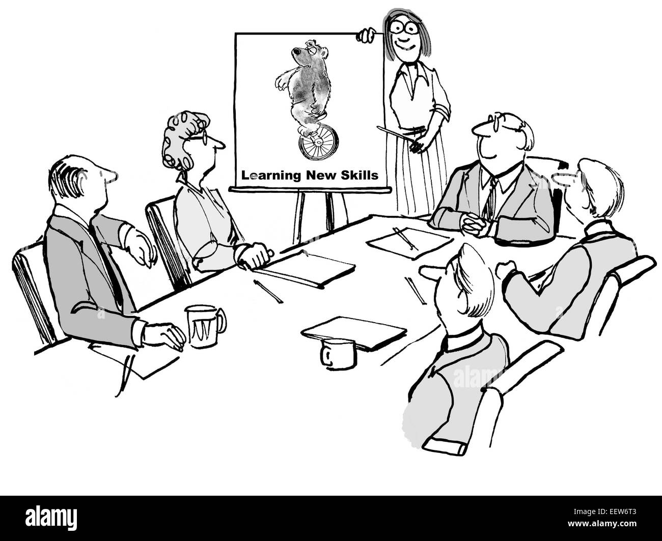 Cartoon di imprenditori in un apprendimento di nuove capacità seminario, con diagramma che mostra un orso a cavallo di un monociclo. Foto Stock