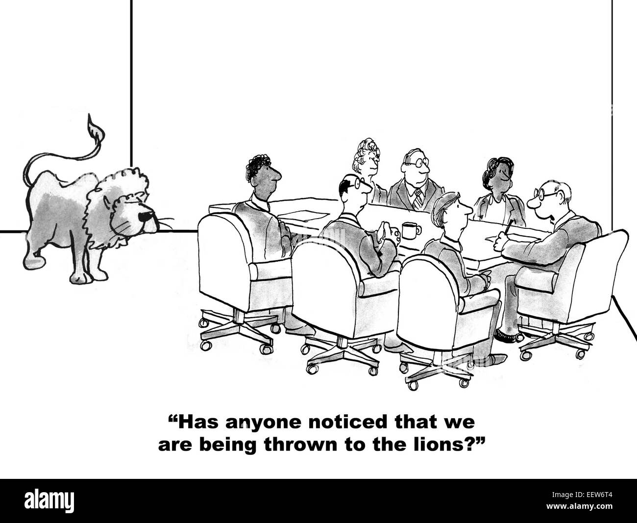 Cartoon di imprenditore team chiedendo se qualcuno ha notato che vengono gettati al Lions, e vi è un leone in camera. Foto Stock