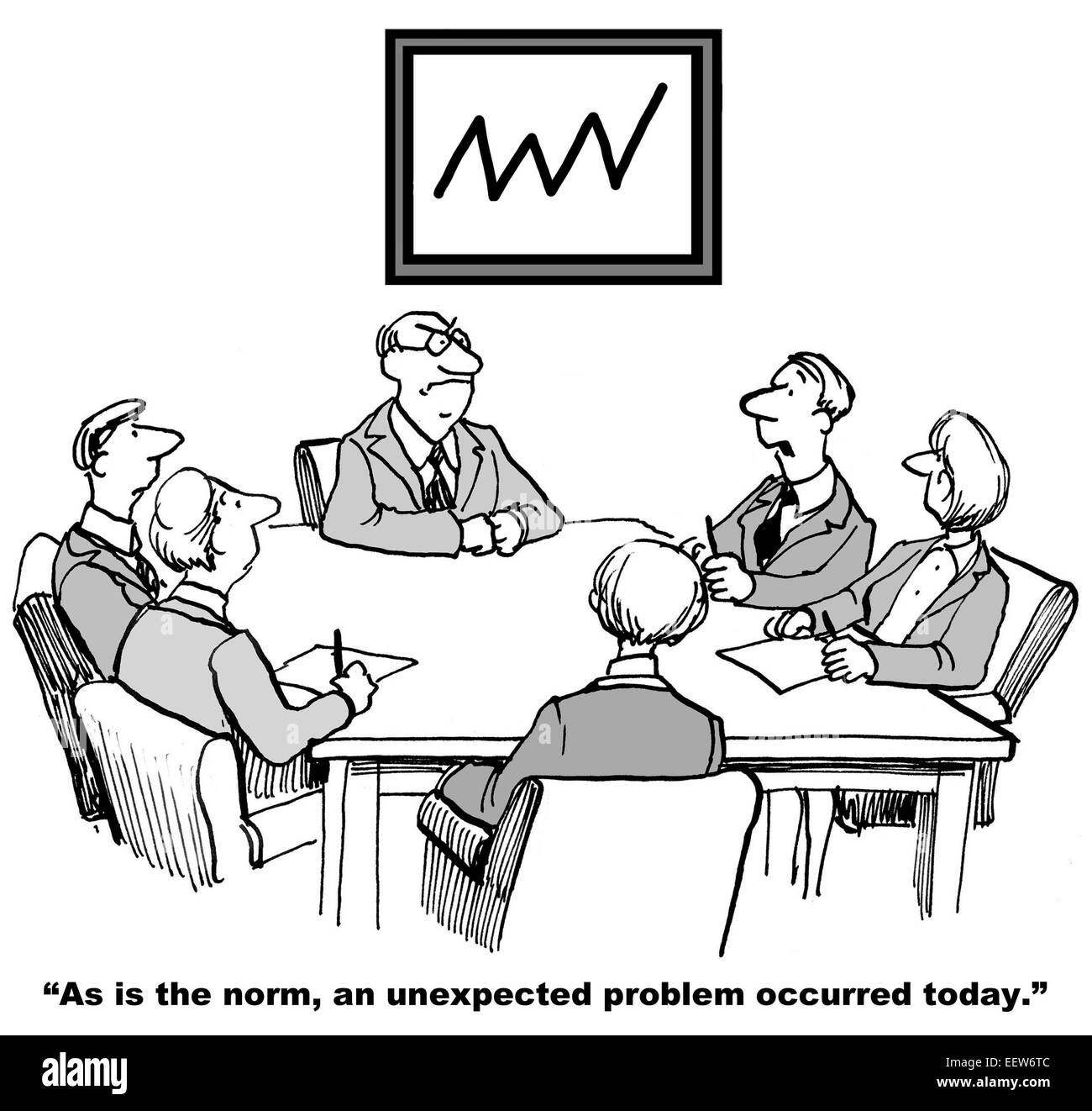 Cartoon di imprenditori in occasione di un incontro e di un imprenditore dicendo 'come è la norma, un imprevisto si è verificato un problema di oggi". Foto Stock