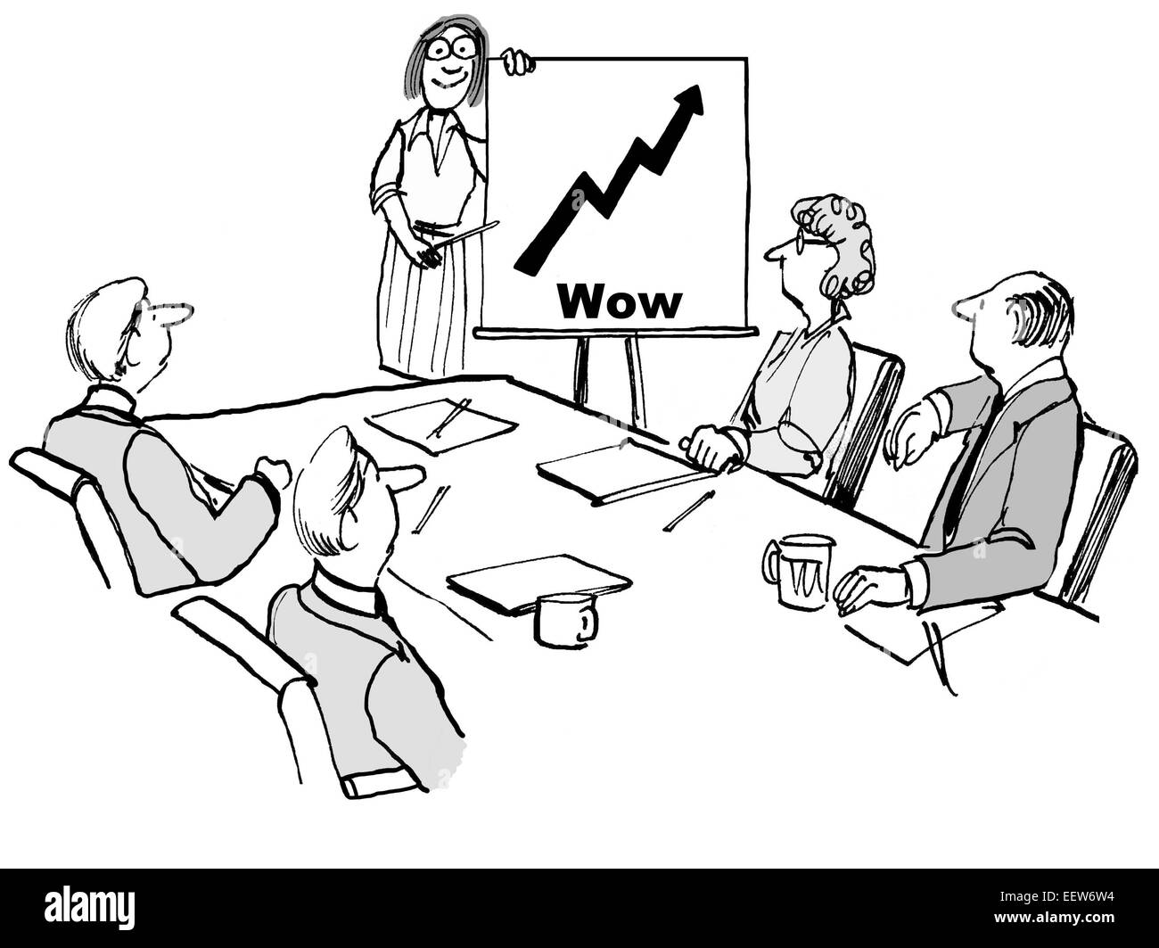 Cartoon di gente di affari in una riunione. Grafico che mostra la crescita delle vendite e la parola Wow. Foto Stock