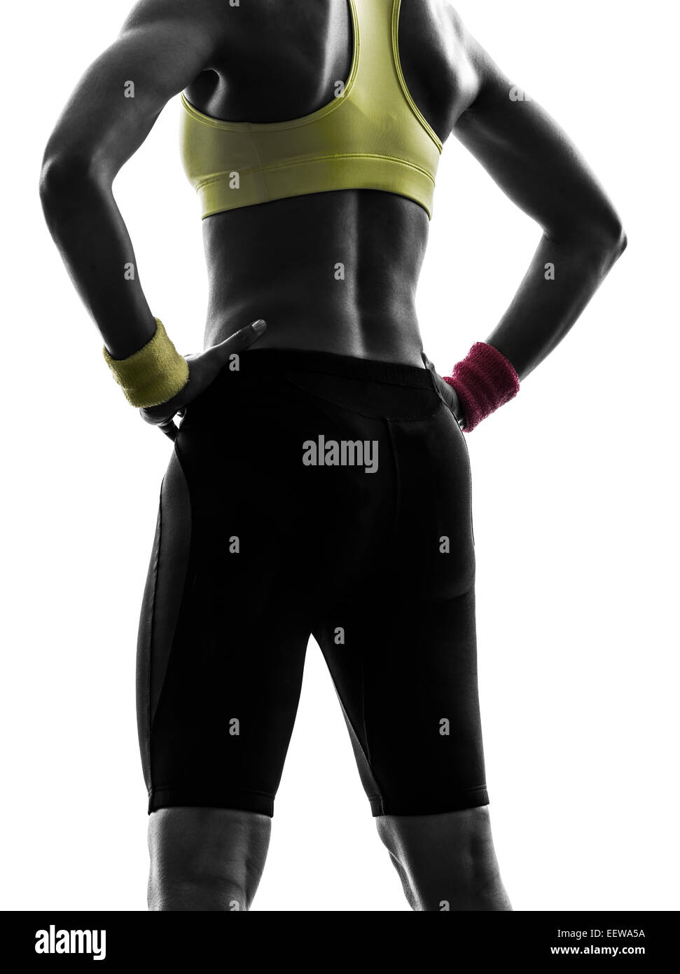 Close up glutei vista posteriore di una donna indietro esercizio di allenamento fitness in silhouette su sfondo bianco Foto Stock