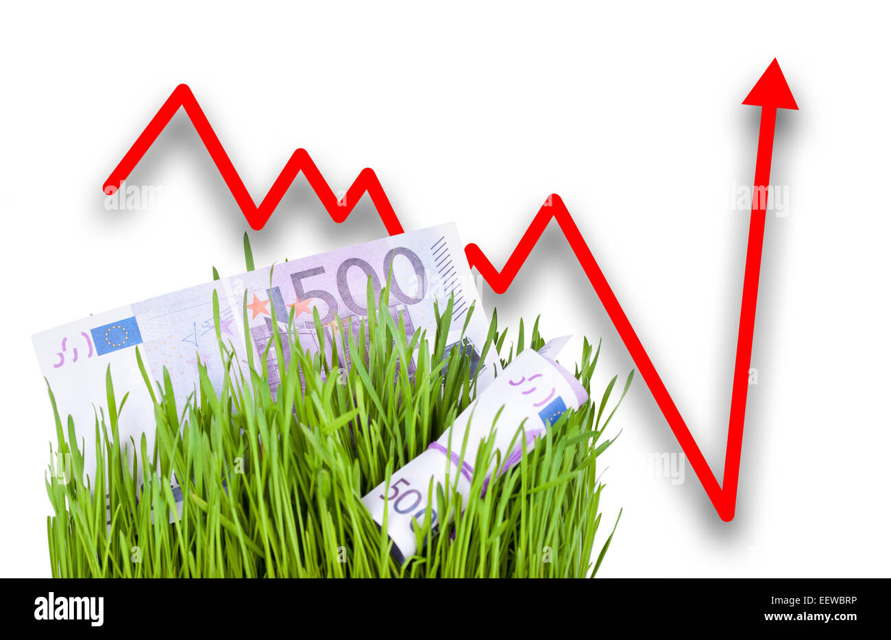 In crescita di Euro denaro contante in erba verde, freccia salendo Foto Stock