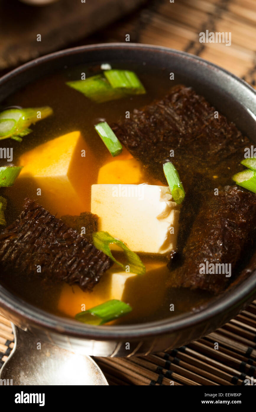 In casa calda zuppa di miso con tofu e alghe marine Foto Stock