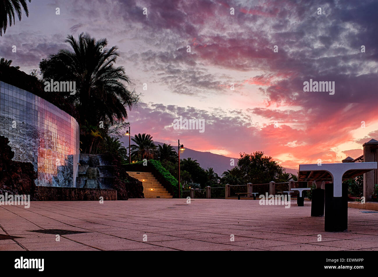 Tramonto nel Parque Taoro, Puerto de la Cruz, Tenerife, Isole Canarie, Spagna Foto Stock