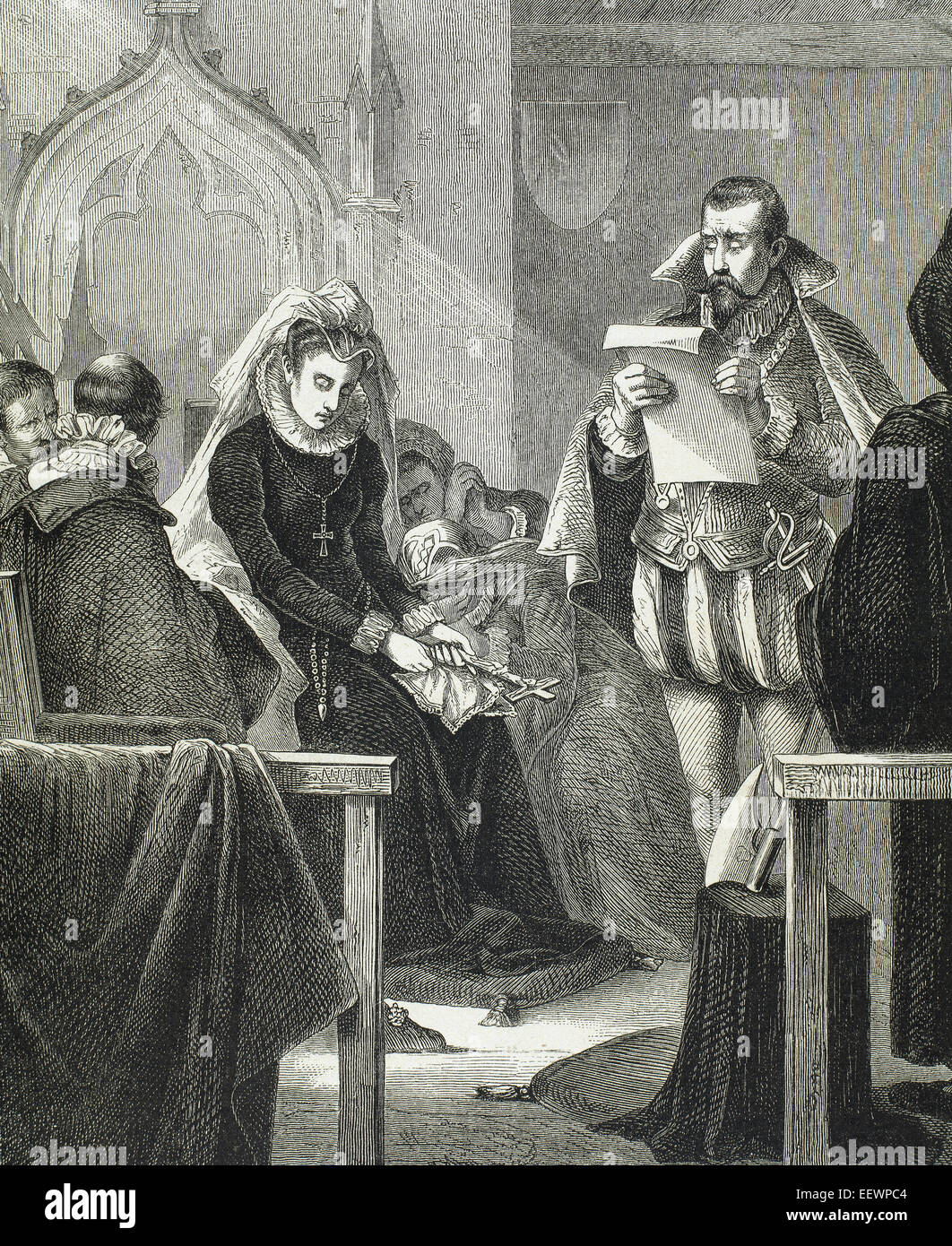 Maria, Regina di Scozia (1542-1587) e regina consorte di Francia. Maria Stuart sul patibolo. Incisione in 'Almanaque de la Ilustracion', 1880. Foto Stock