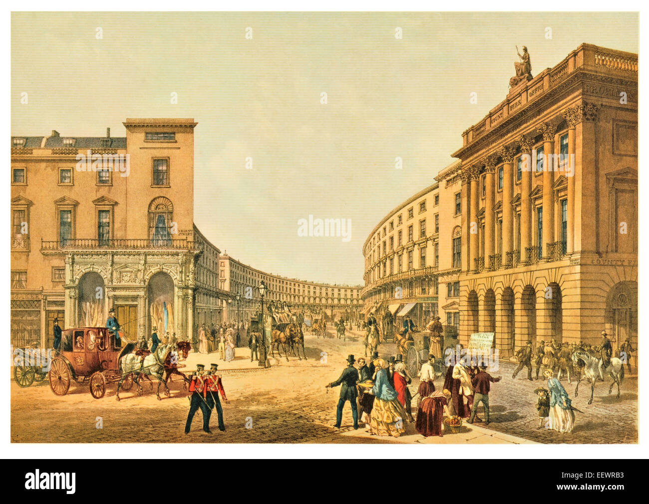 Il quadrante di Regent Street 1852 West London negozi shop shopping al dettaglio cavallo georgiano carrozza pullman costume Foto Stock