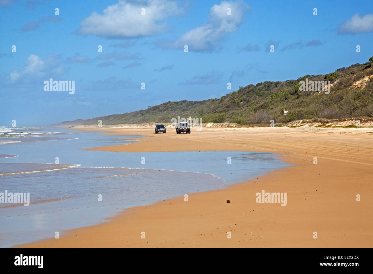 I suv guida sulla spiaggia dell'Isola di Fraser, la più grande isola di sabbia del mondo al largo delle coste di Hervey Bay, Queensland, Australia Foto Stock