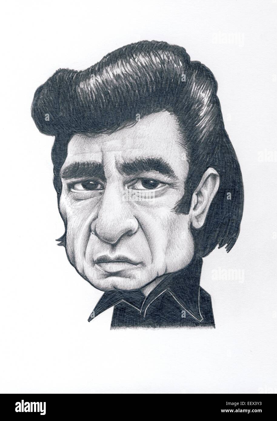 Johnny Cash caricatura di grafite di disegno con sfondo bianco Foto Stock