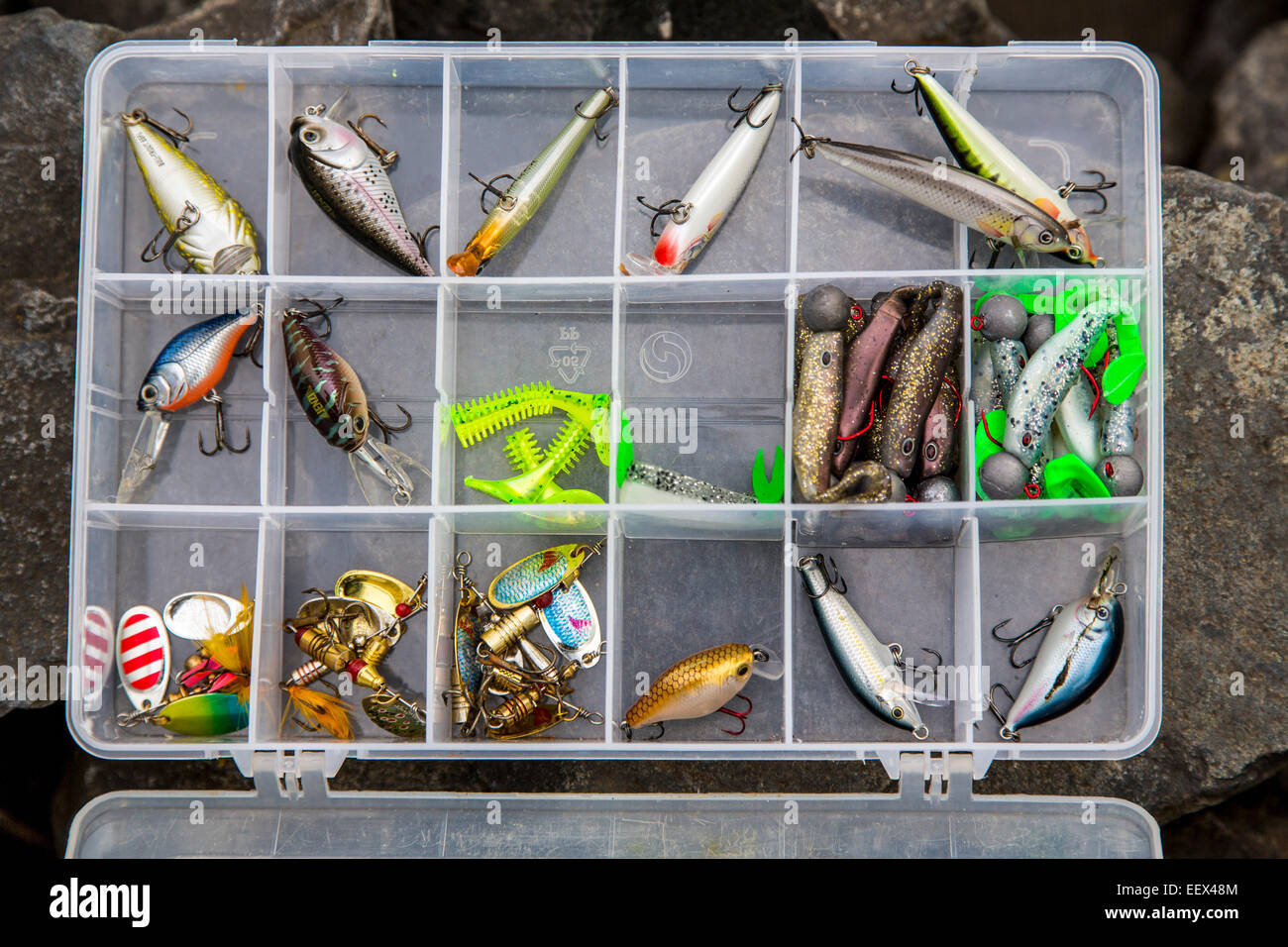 Varie esca per la pesca sportiva Foto Stock