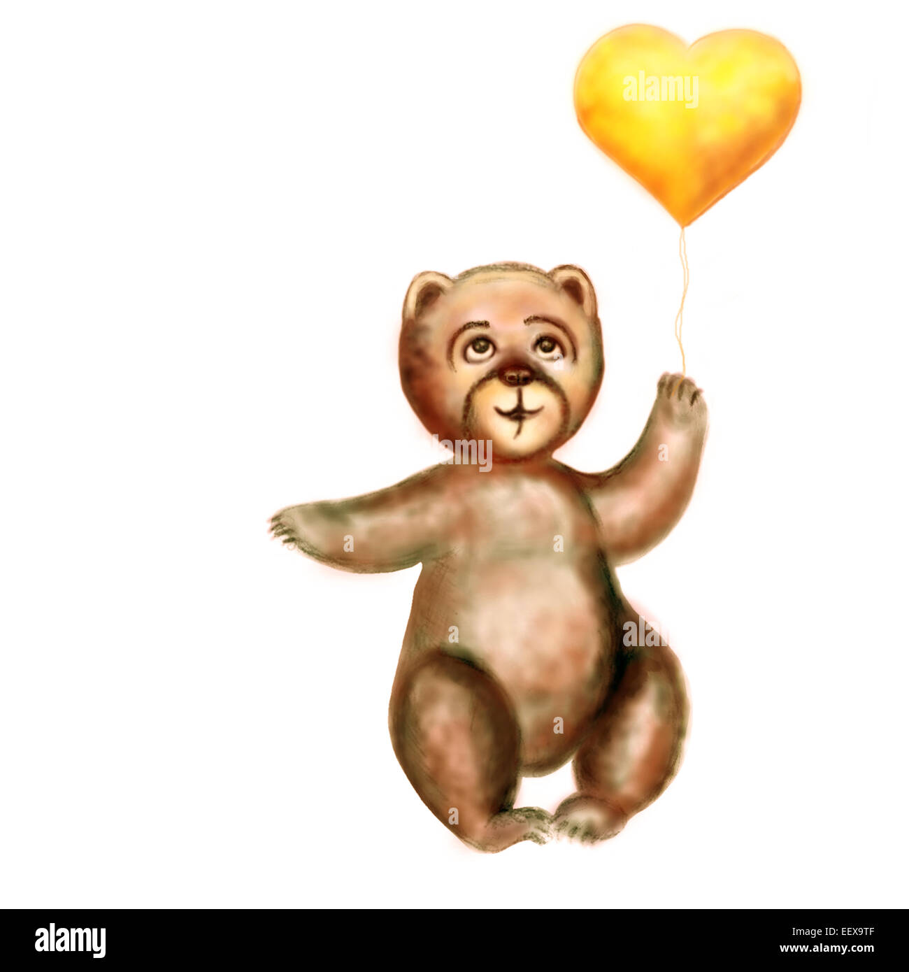 Bear Cub con un cuore.La Bear Cub detiene un cuore giallo in una zampa. Orizzontale illustrazione raster. Esso è isolato sul bianco. Foto Stock