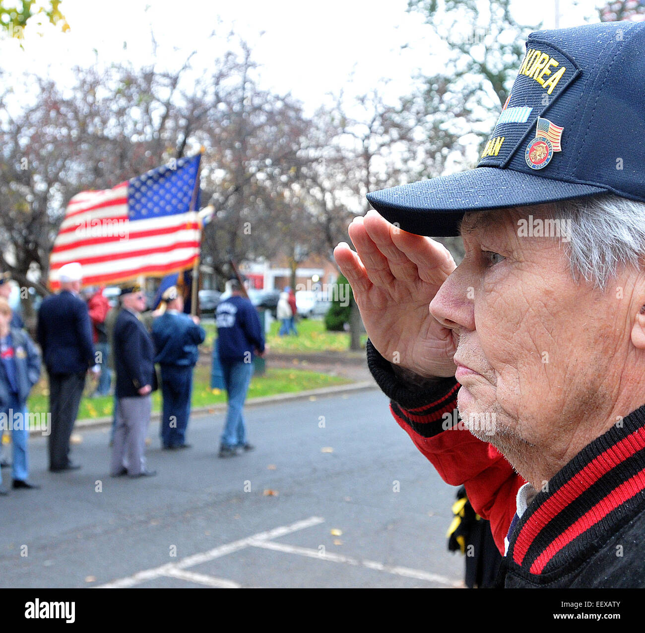 John Phillips Suor, 86, una seconda guerra mondiale e la Corea Marine veterano, saluta come bandiera passa lungo il Broad Street durante il Milford veterani parata del giorno 10 novembre 2013. Foto Stock