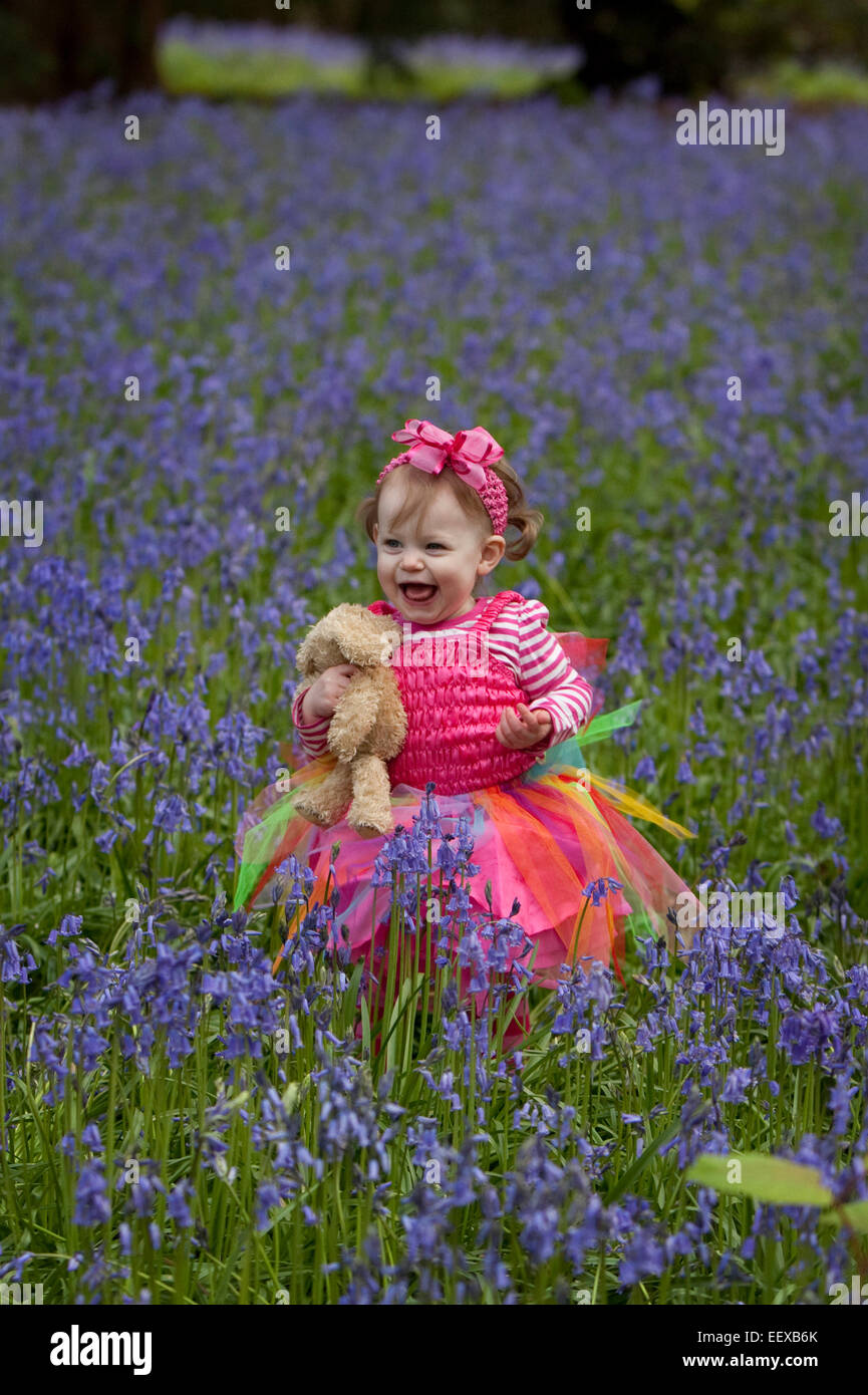 Bambino felice con il suo orsacchiotto in un bosco pieno di bluebells in Inghilterra. Foto Stock
