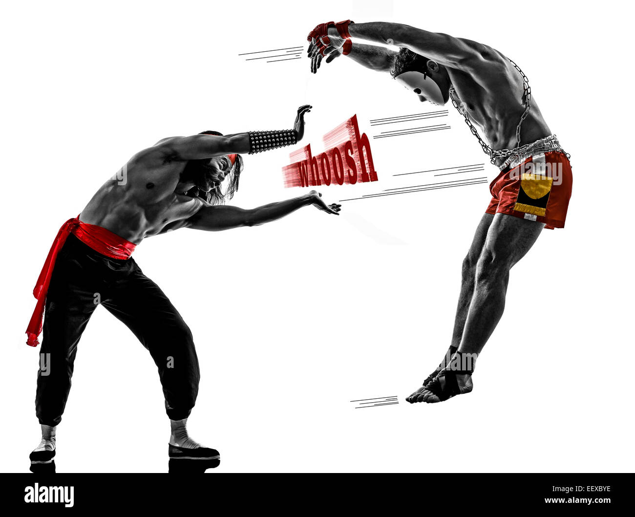 Due manga video giochi arti marziali fighters combattimento in sagome su sfondo bianco Foto Stock