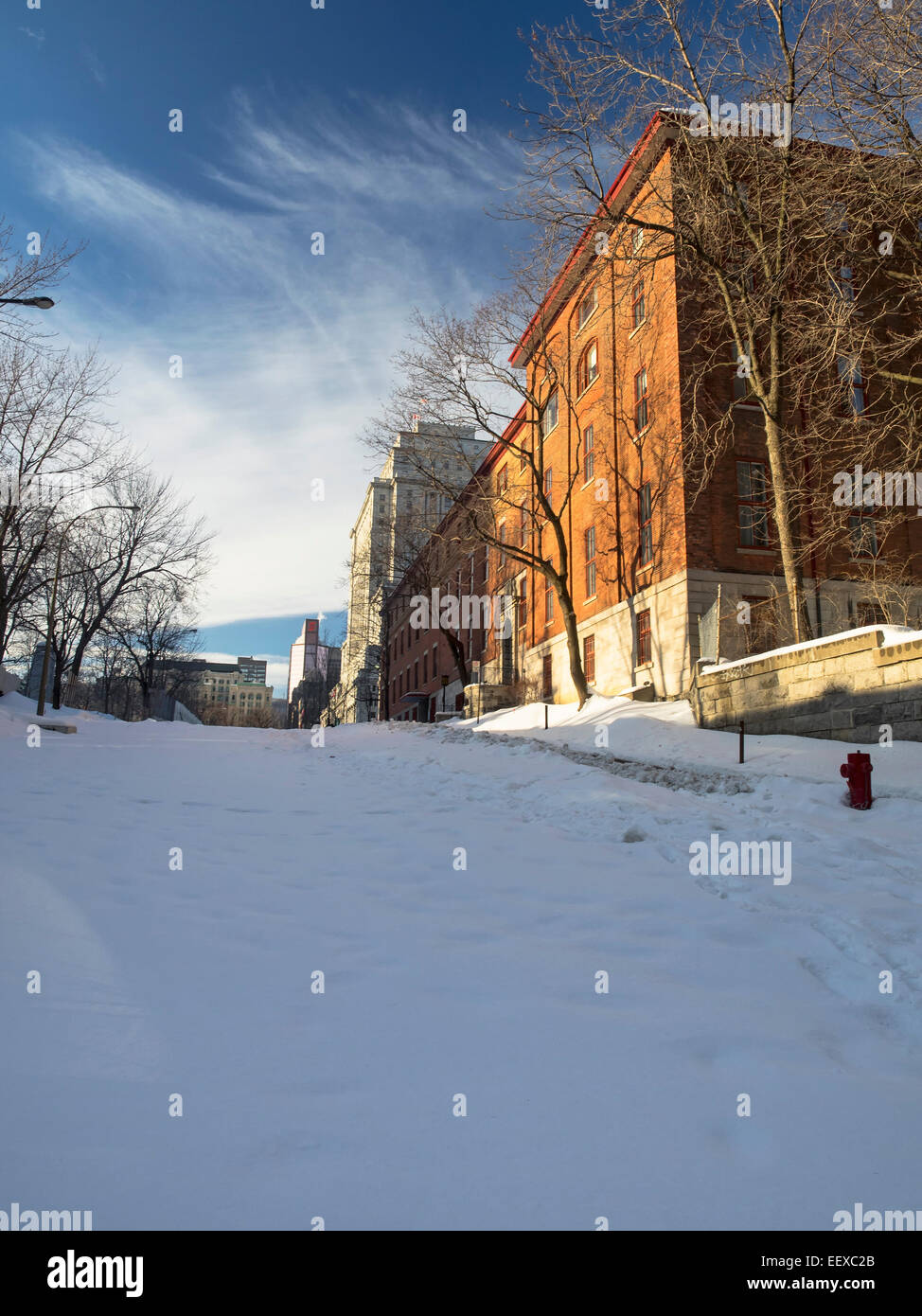 Giornata di sole a Montreal. Strada urbana coperta di neve. Foto Stock