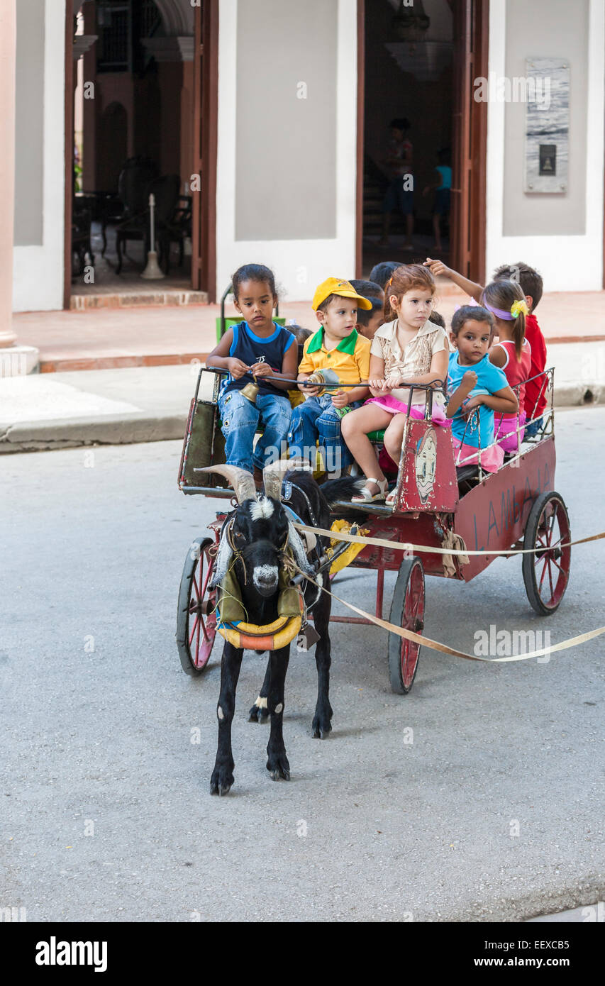 Un gruppo di giovani i bambini in un carro trainato da una capra in una strada a Camaguey, Cuba è la terza città più grande Foto Stock