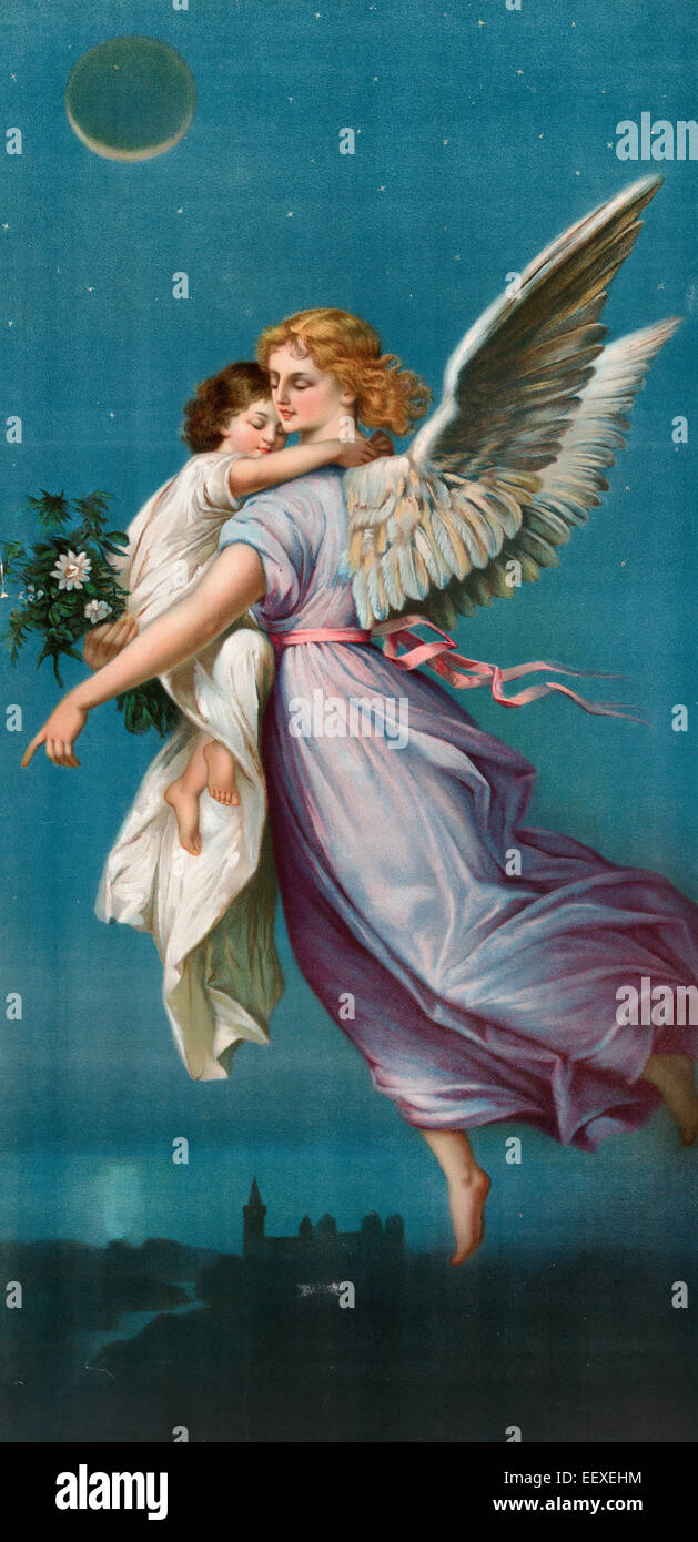L Angelo della Pace - un angelo galleggiante sopra una valle, tenendo un bambino e fiori, offerto come un premio da B.T. Babbitt, sapone e il lievito in polvere Company di New York, circa 1901 Foto Stock