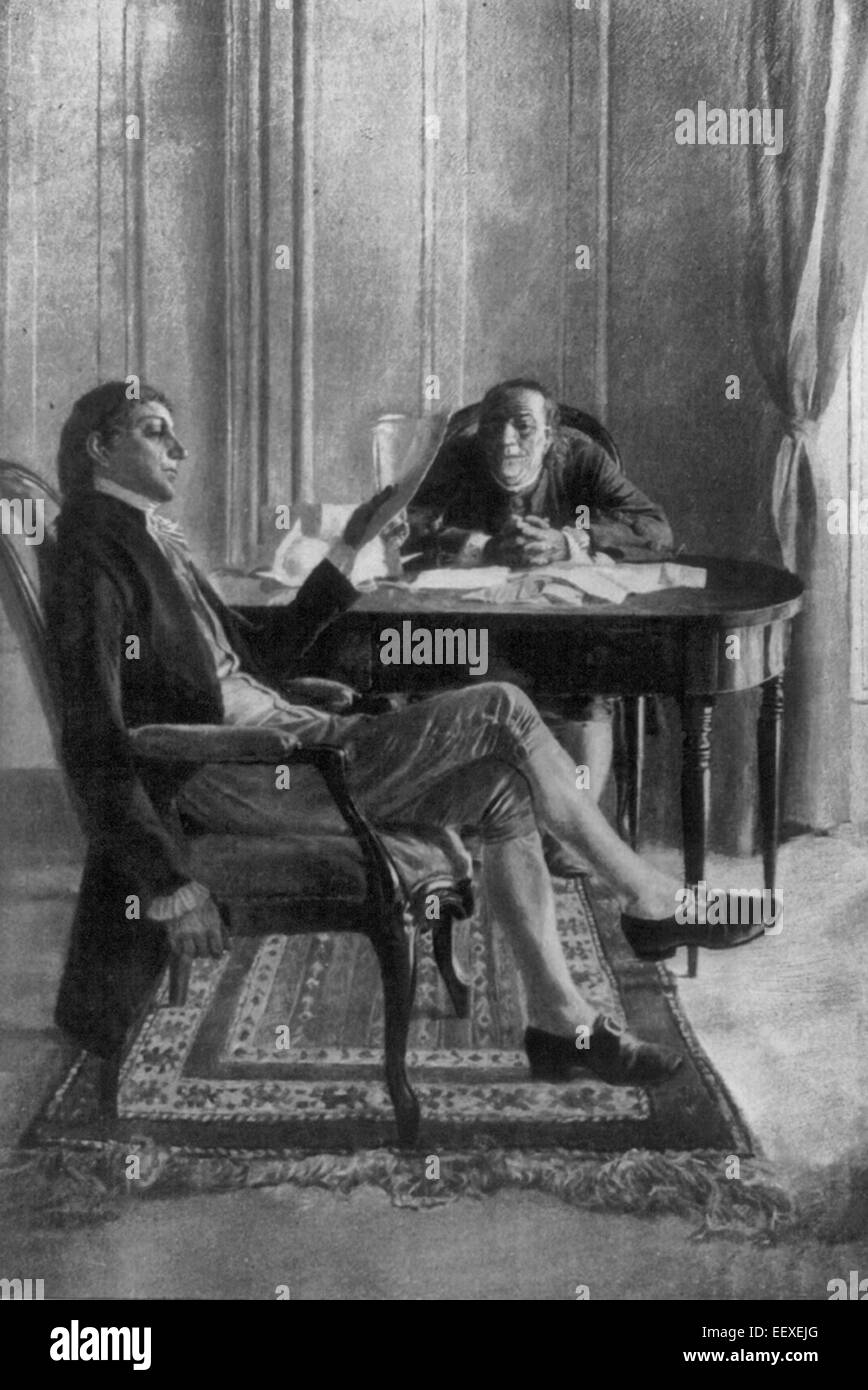 Benjamin Franklin e Richard Oswald discutendo il Trattato di pace di Parigi dopo la guerra rivoluzionaria americana Foto Stock