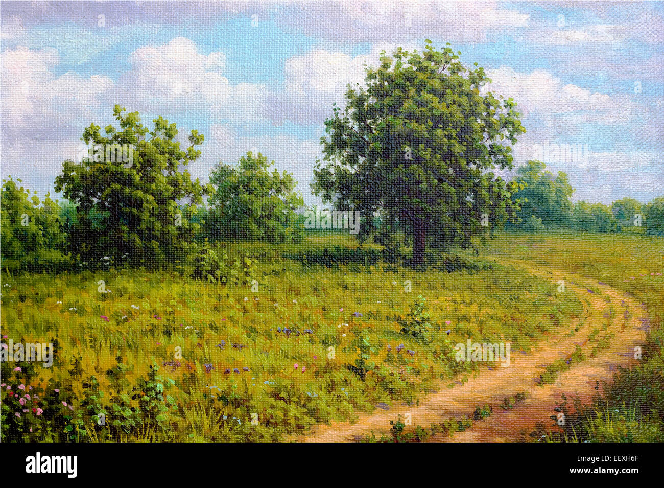 Strada rurale e gli alberi in prato paesaggio astratto. Arte Dipinti illustrazione dell'olio su tela ruvida Foto Stock