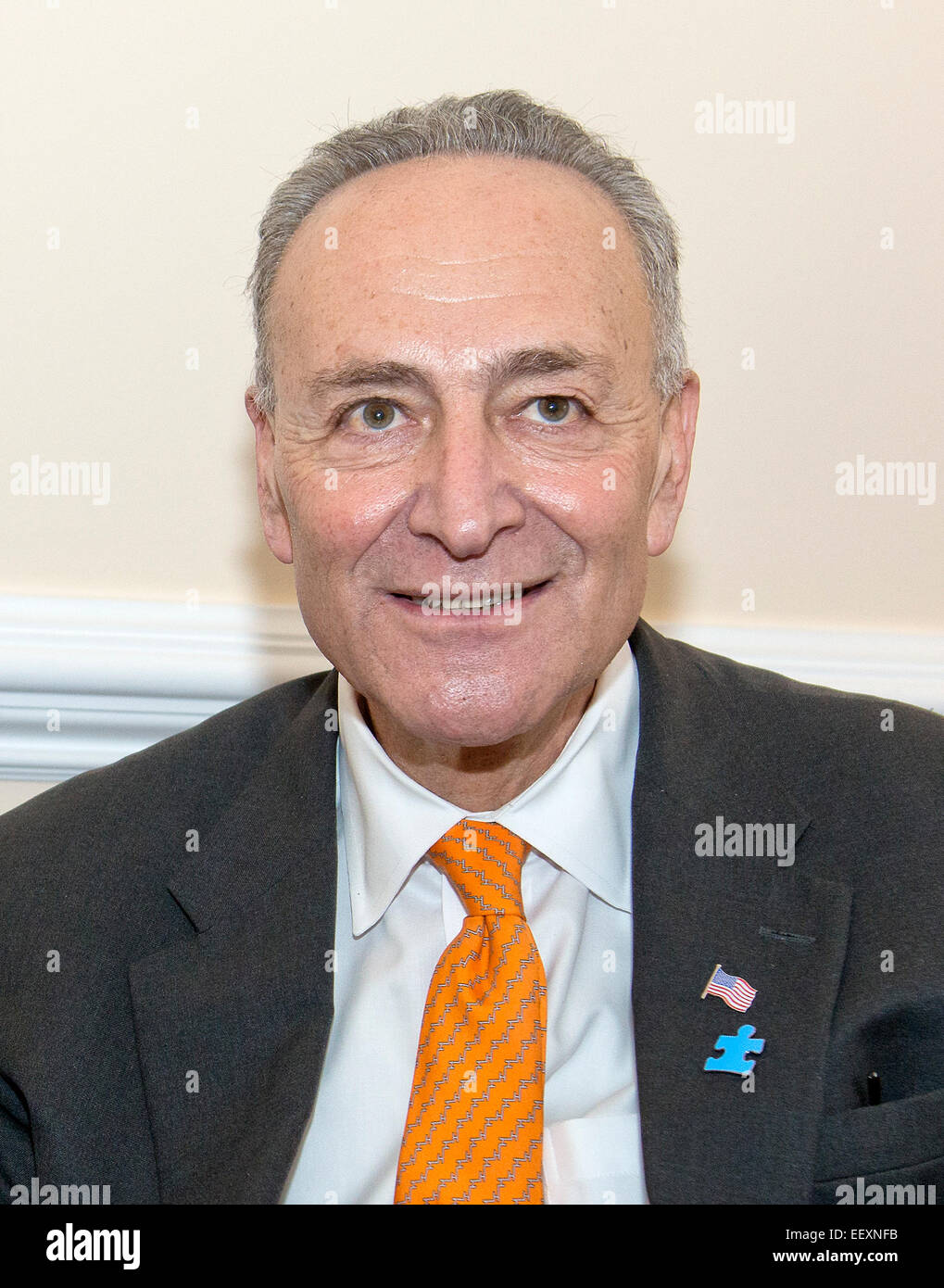 Stati Uniti il senatore Chuck Schumer (Democratico di New York) incontra il suo ospite presso lo Stato dell'Unione, Vanessa Fontaine, non raffigurato, nel suo ufficio negli Stati Uniti Campidoglio in Washington, DC martedì, 20 gennaio 2015. La sig.ra Fontaine è la madre di Avonte Oquendo, un 14-anno-vecchio ragazzo con una diagnosi di autismo disordine di spettro (ASD) che sono scomparsi dalla sua scuola nel Queens, a New York, e i cui resti furono tragicamente scoperti tre mesi più tardi il 16 gennaio in College Point, Queens, a New York. Credito: Ron Sachs/CNP (restrizione: NO New York o New Jersey quotidiani o giornali entro un 7 Foto Stock