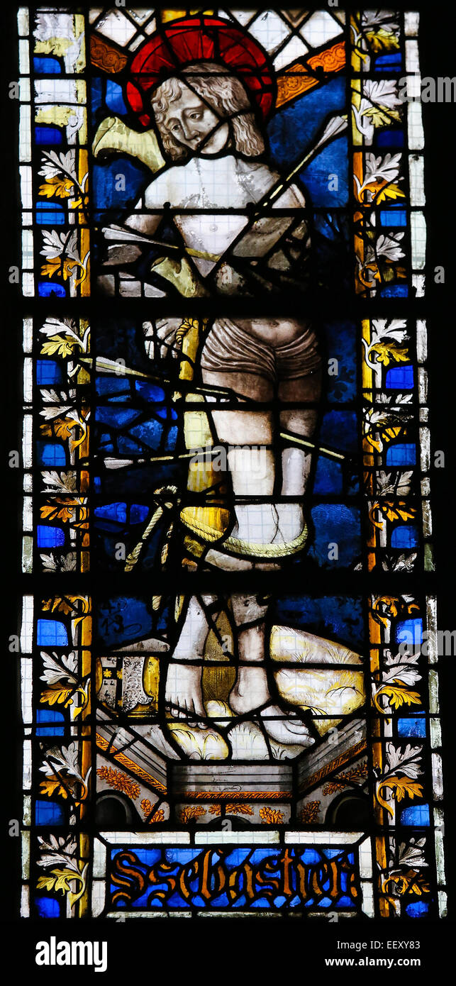 Vetrata raffigurante San Sebastiano nella cattedrale di Rouen, Francia. Foto Stock