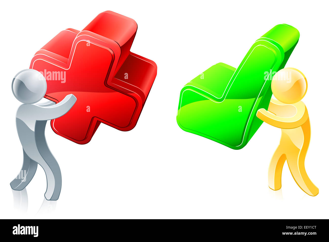 Persone mascotte con la croce e le icone di tick, parere concept Foto Stock