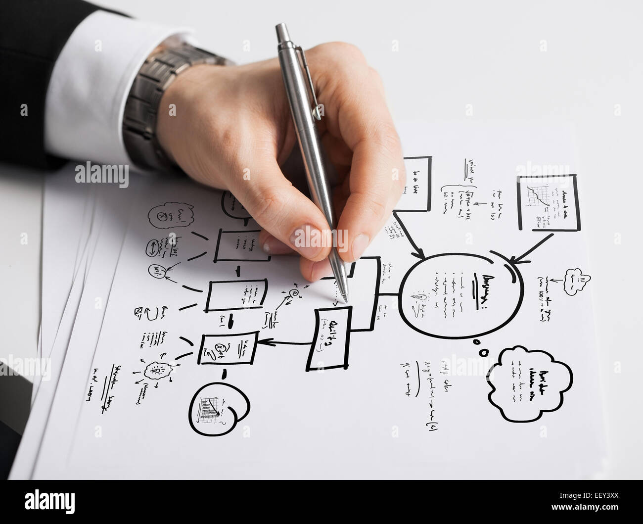 Stretta di mano maschio con penna schema di disegno Foto Stock