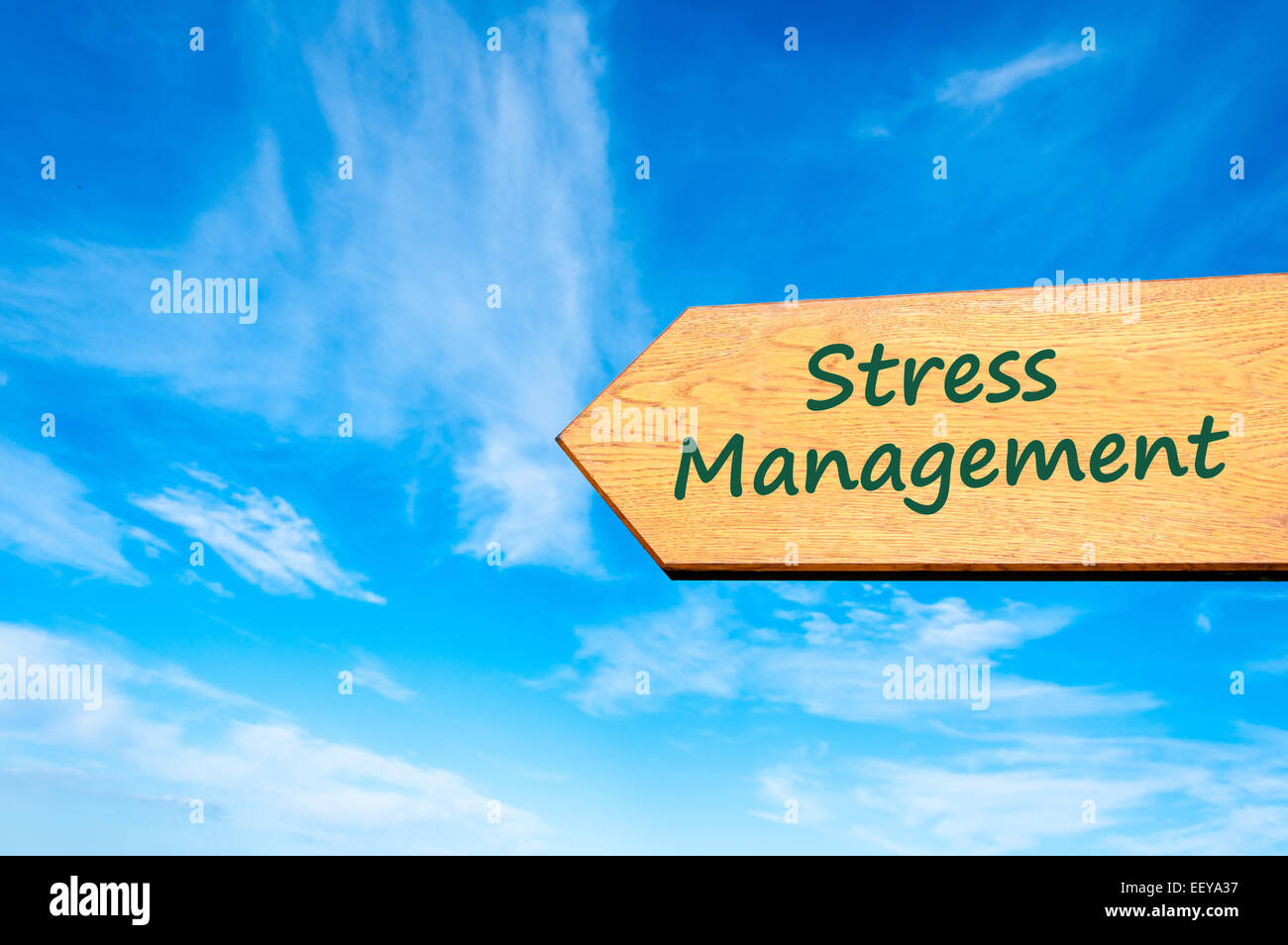 Legno segno di freccia contro il cielo blu chiaro con Stress Management message Foto Stock