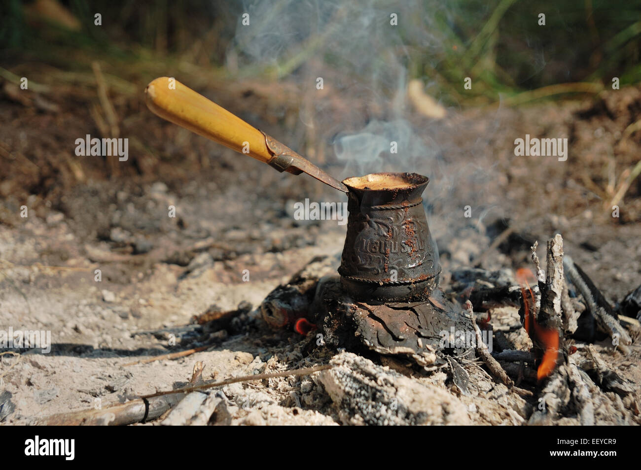 Cialda di caffè con iscrizione armeno sulla corteccia di pino Foto Stock