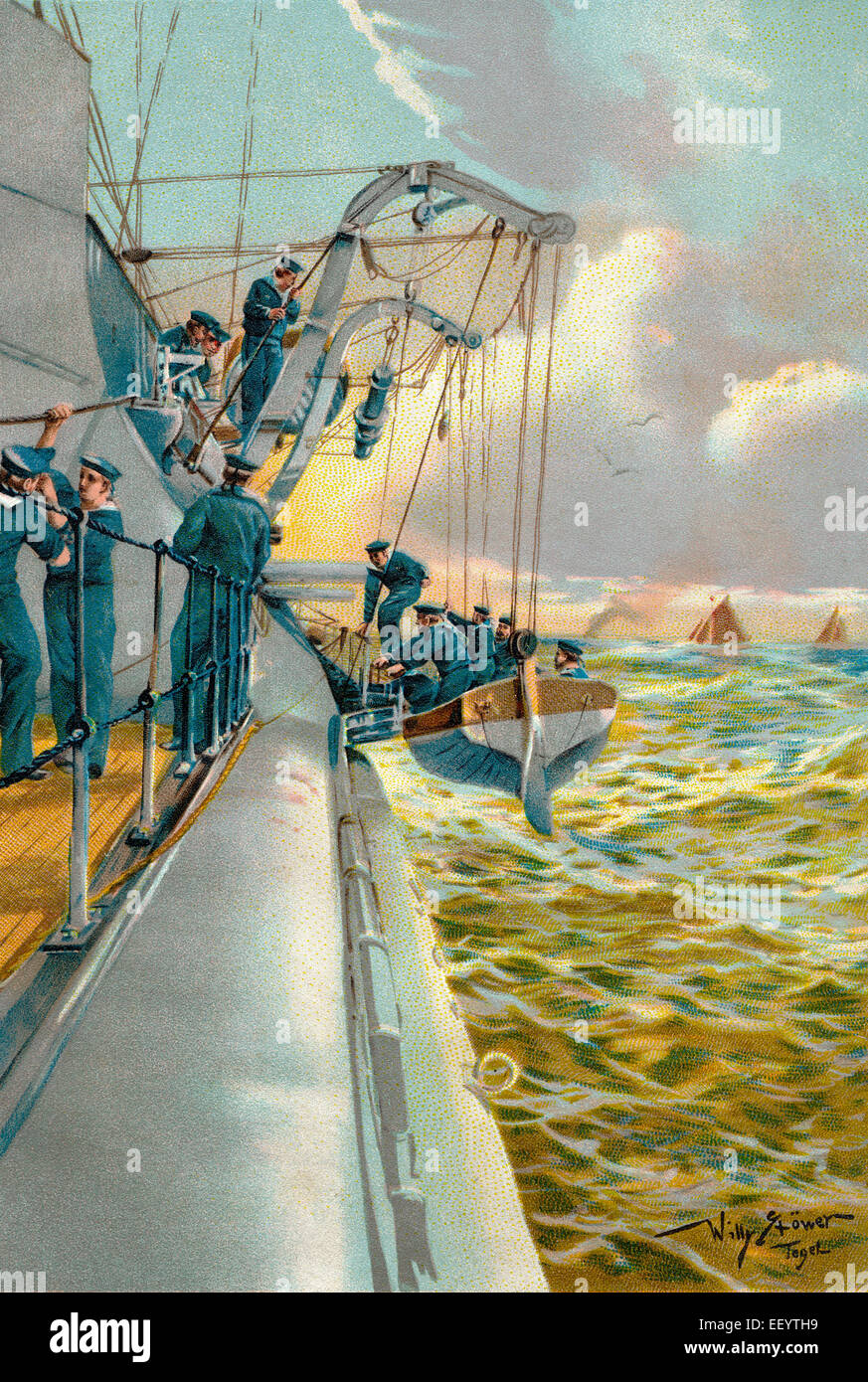 Le manovre in barca con una scialuppa di salvataggio, c. 1900, Germania, Bootsmanöver auf vedere Mit einem Rettungsboot, ca. 1900, Deutschland Foto Stock