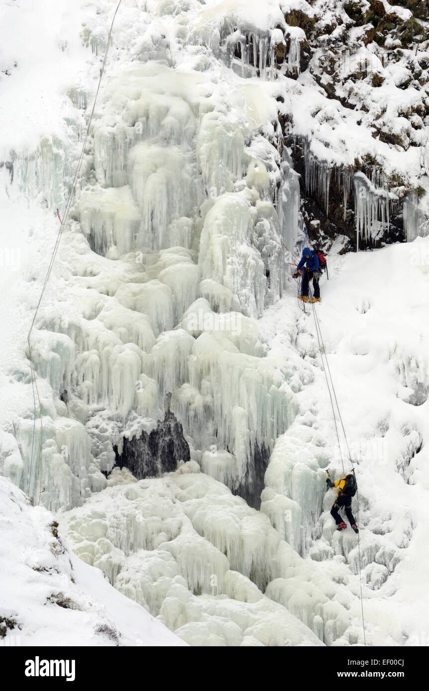 Arrampicata su ghiaccio su grigio mare della cascata di coda, Moffat Hills, Moffat Dale, Dumfries & Galloway, Scozia Foto Stock